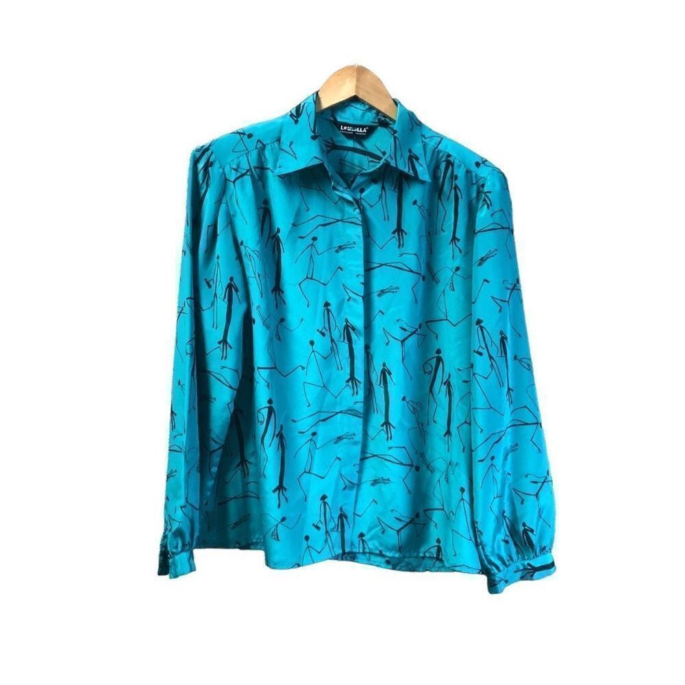 Loubella Size 14 Green and Black 80s Button Down Stick Figure Blouse Shoulder Pa